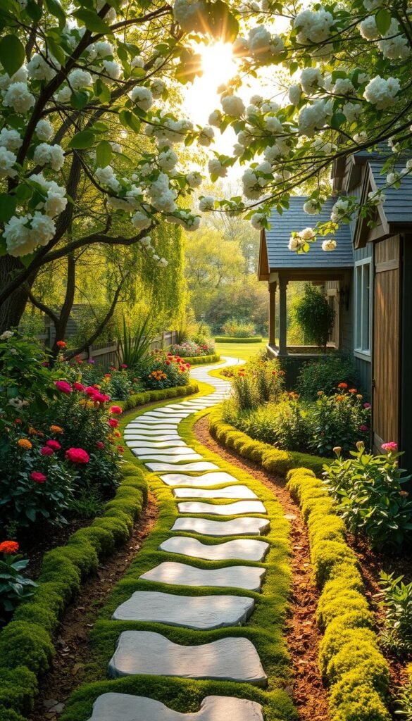 A lush, winding garden path meanders through a verdant cottage landscape. Soft sunlight filters through a canopy of blooming trees, casting a warm glow on the gently curving walkway lined with vibrant flowers and lush greenery. Carefully placed stepping stones guide the eye forward, inviting exploration of this enchanting, naturalistic scene. The pathway flows organically, mirroring the relaxed, bucolic atmosphere of this idyllic garden setting. Textural details like mossy borders and weathered wood accents add depth and character, creating a timeless, romantic atmosphere.