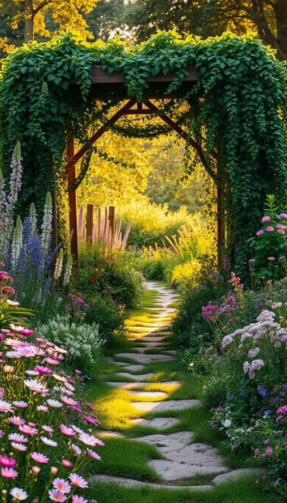 A lush, winding pathway meanders through a quintessential cottage garden, lined with an abundance of vibrant blooms. In the foreground, delicate wildflowers in shades of pink, purple, and white spill over the edges, creating a soft, romantic atmosphere. The middle ground features a mix of tall perennials and cascading vines, adding depth and texture to the scene. Towards the background, a charming wooden arbor draped in trailing vines frames the path, leading the eye deeper into the verdant oasis. Warm, golden sunlight filters through the lush foliage, casting a gentle glow and accentuating the organic beauty of the landscape. The overall impression is one of tranquility, whimsy, and the serene embrace of nature.