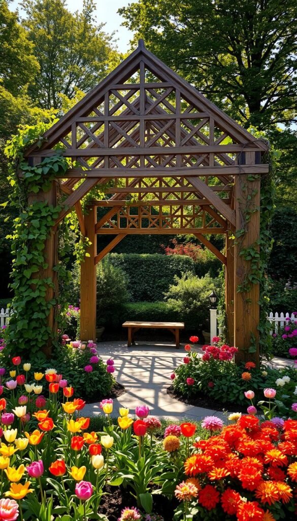 A lush, year-round garden structure nestled amidst vibrant blooms. Sunlight filters through an intricate latticework, casting warm, dappled shadows on the stone pavers below. Climbing vines entwine the sturdy wooden beams, their leaves rustling gently in the breeze. In the foreground, a variety of seasonal flowers - from delicate spring tulips to hearty autumn chrysanthemums - surround the structure, creating a harmonious tapestry of color and texture. The middle ground features a small seating area, inviting visitors to pause and admire the seamless integration of structure and nature. In the background, a verdant backdrop of mature trees and shrubs provides a sense of enclosure, enhancing the tranquil, oasis-like atmosphere.