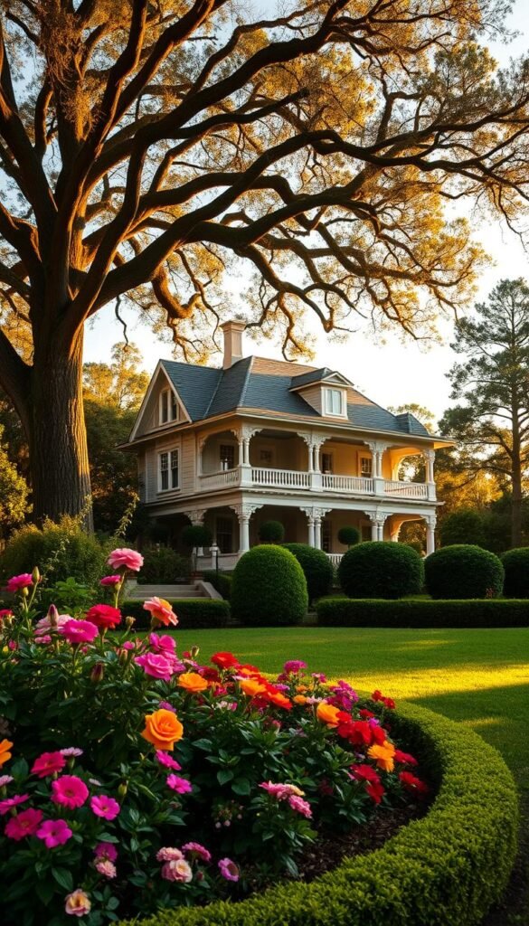 A manicured garden in the foreground, featuring a mix of vibrant flowers, lush greenery, and neatly trimmed hedges. In the middle ground, a stately two-story Victorian-style home with ornate architectural details, including a wraparound porch, bay windows, and a turret. The home is bathed in warm, golden afternoon light, casting soft shadows across the well-tended landscaping. In the background, a backdrop of towering oak trees, their branches swaying gently in a light breeze. The overall scene conveys a sense of timeless elegance and harmony between the home's architecture and its surrounding natural environment.