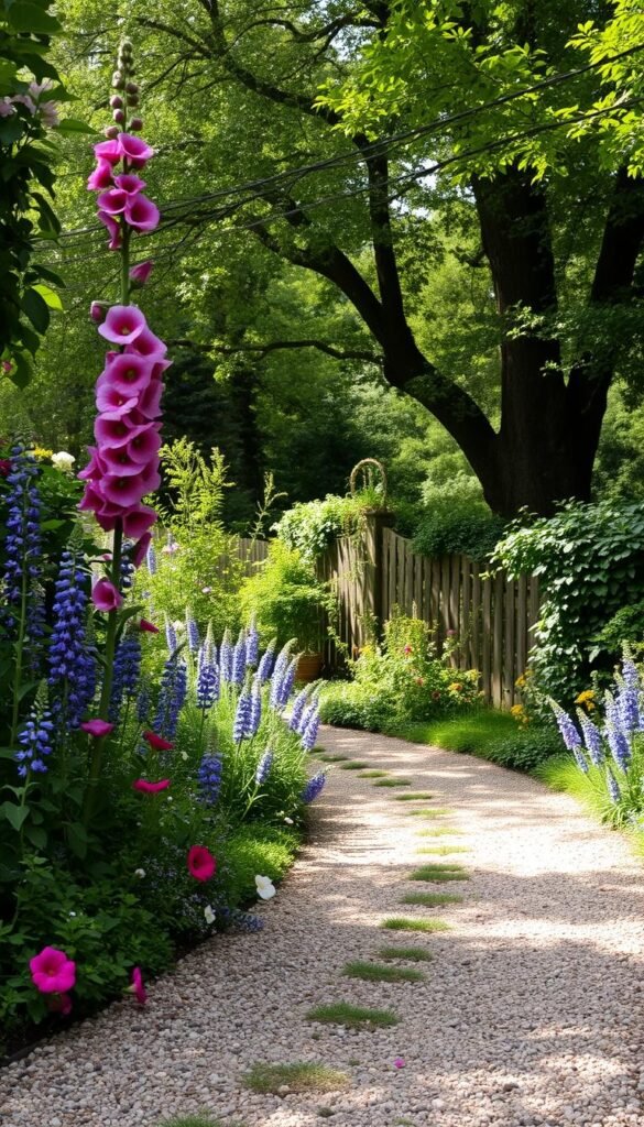 A meandering gravel path winds through a lush, traditional cottage garden, flanked by vibrant blooms and overgrown foliage. Towering hollyhocks, delicate lupins, and cascading vines frame the foreground, while shady trees and a picket fence create a tranquil backdrop. Dappled sunlight filters through the canopy, casting a warm, nostalgic glow over the scene. The path invites exploration, leading the viewer deeper into this idyllic, timeless garden, capturing the essence of the cozy, rustic charm of a classic English country home.