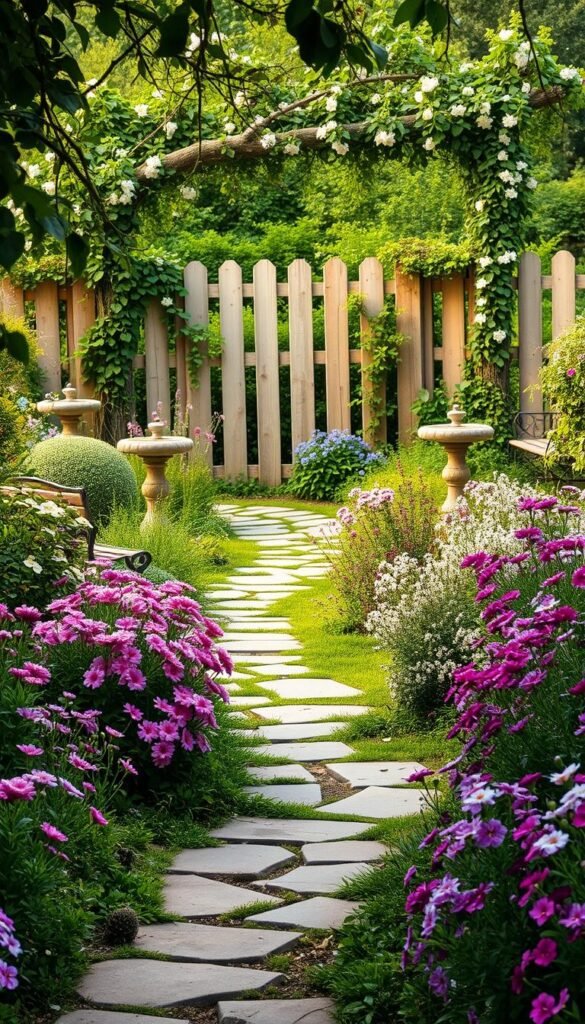 A meandering stone path winds through a lush, verdant cottage garden. The foreground is filled with a vibrant tapestry of blooming perennials in shades of pink, purple, and white, gently swaying in a soft breeze. The middle ground features strategically placed garden benches and birdbaths, inviting visitors to pause and appreciate the tranquil setting. In the background, a charming wooden fence adorned with trailing vines and flowering clematis frames the scene, creating a sense of enclosure and privacy. The lighting is soft and diffused, casting a warm, golden glow over the entire composition. The overall atmosphere is one of whimsical enchantment, urging the viewer to explore this intimate, secluded garden oasis. A meandering stone path winds through a lush, verdant cottage garden. The foreground is filled with a vibrant tapestry of blooming perennials in shades of pink, purple, and white, gently swaying in a soft breeze. The middle ground features strategically placed garden benches and birdbaths, inviting visitors to pause and appreciate the tranquil setting. In the background, a charming wooden fence adorned with trailing vines and flowering clematis frames the scene, creating a sense of enclosure and privacy. The lighting is soft and diffused, casting a warm, golden glow over the entire composition. The overall atmosphere is one of whimsical enchantment, urging the viewer to explore this intimate, secluded garden oasis.
