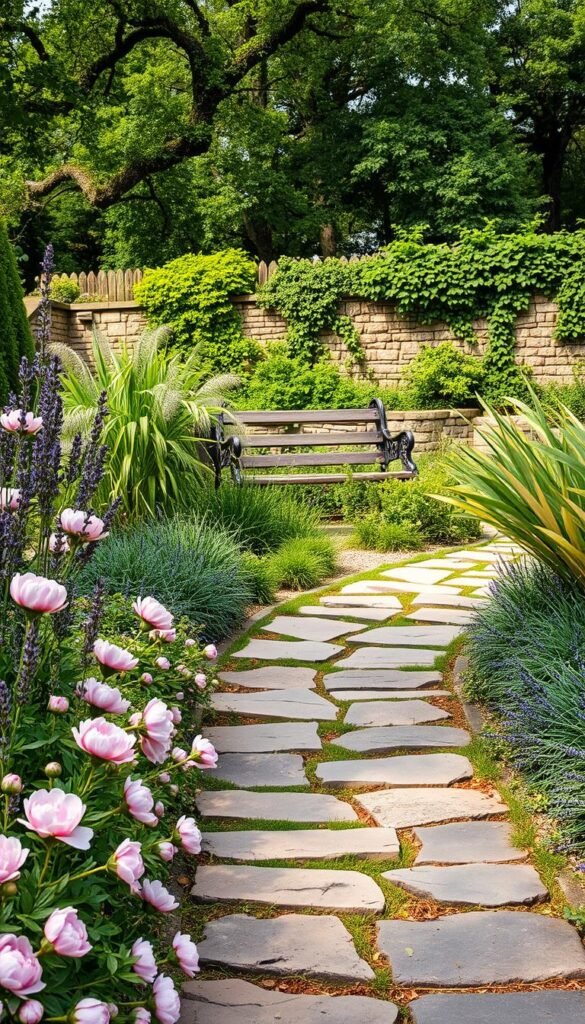 A meandering stone pathway winds through a lush, whimsical cottage garden. The foreground is filled with a vibrant tapestry of perennial flowers - delicate pink peonies, lavender, and cascading vines. Stepping stones guide the viewer deeper into the scene, where a variety of ornamental grasses and trailing plants line the edge, creating a soft, romantic border. In the middle ground, a weathered wooden bench invites contemplation beneath the dappled light filtering through mature trees. The background features a charming stone wall, partially obscured by the flourishing greenery, exuding a sense of privacy and tranquility. Captured with a wide-angle lens, the image conveys a peaceful, dreamlike atmosphere that embodies the essence of an English cottage garden.