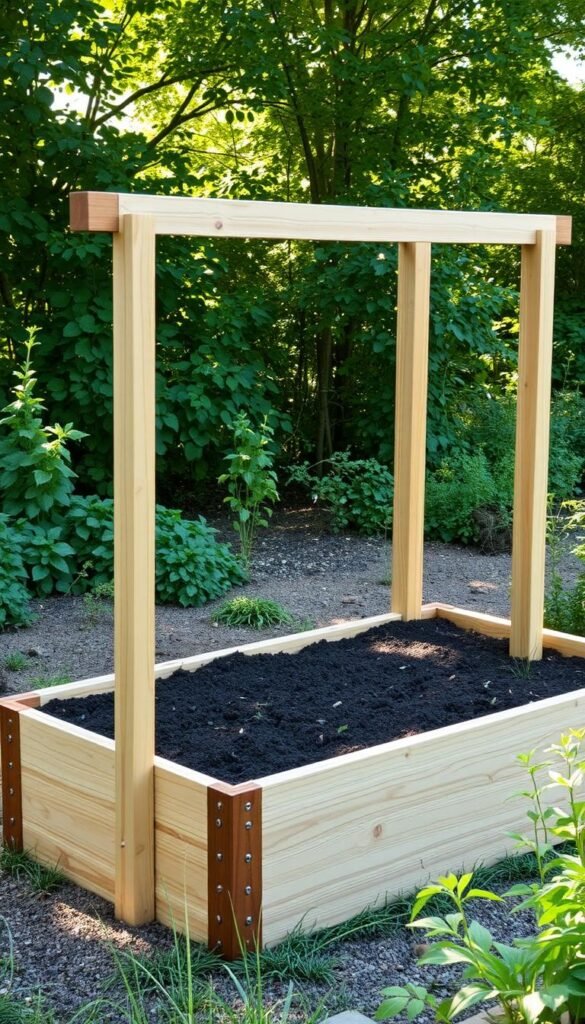 A meticulously crafted raised garden bed plan, showcased against a serene backdrop of lush greenery. The bed's sturdy wooden frame stands tall, inviting the viewer to envision the bountiful harvest it will yield. The soil within, rich and dark, is perfectly leveled, ready to nurture the plants that will soon flourish. Sunlight filters through the canopy, casting a warm, natural glow over the scene, highlighting the intricate design details. The image captures the essence of a well-planned and thoughtfully executed raised bed, inspiring the viewer to embark on their own gardening journey.