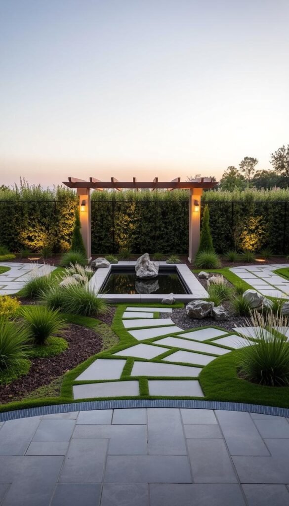 A meticulously designed garden hardscape with a serene water feature and strategically placed lighting. In the foreground, smooth flagstone pathways wind through lush, manicured planting beds. A central, rectangular reflecting pool sits surrounded by precisely placed boulders and ornamental grasses. In the middle ground, a sleek, modern pergola casts dramatic shadows across the scene, accentuated by warm, subtle lighting fixtures mounted along its beams. The background features a dense, naturalistic border of native shrubs and trees, creating a sense of enclosure and privacy. The overall composition evokes a harmonious balance between structured, architectural elements and the tranquil beauty of the natural world. A meticulously designed garden hardscape with a serene water feature and strategically placed lighting. In the foreground, smooth flagstone pathways wind through lush, manicured planting beds. A central, rectangular reflecting pool sits surrounded by precisely placed boulders and ornamental grasses. In the middle ground, a sleek, modern pergola casts dramatic shadows across the scene, accentuated by warm, subtle lighting fixtures mounted along its beams. The background features a dense, naturalistic border of native shrubs and trees, creating a sense of enclosure and privacy. The overall composition evokes a harmonious balance between structured, architectural elements and the tranquil beauty of the natural world.