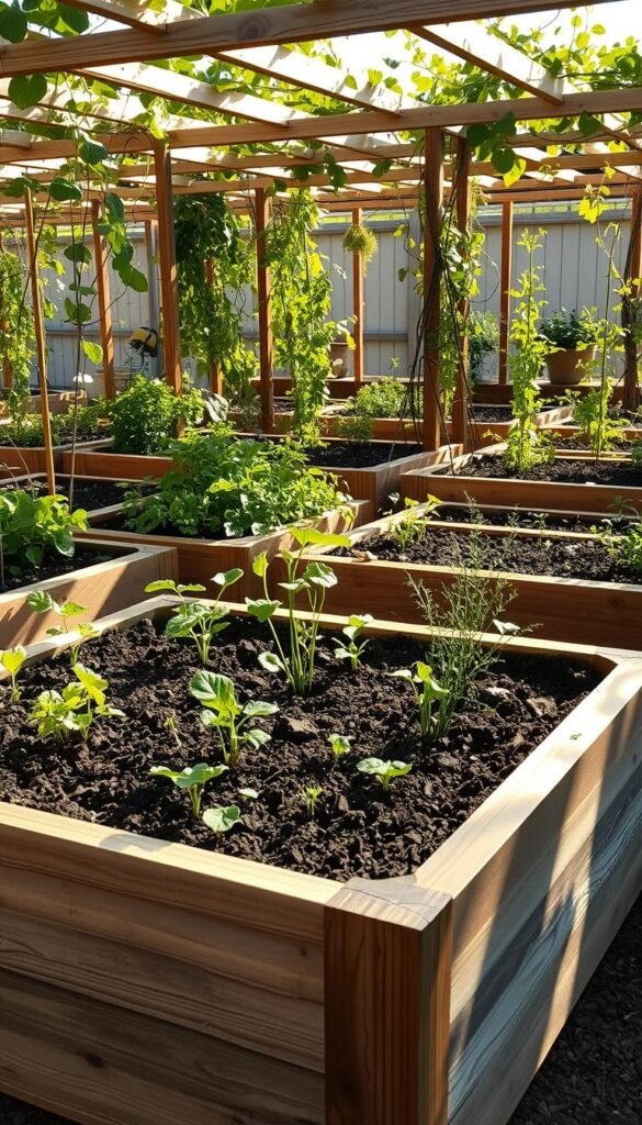 A meticulously designed raised garden bed, its wooden frame casting soft shadows on the freshly tilled soil. Diverse, vibrant plants thrive within, their leaves and stems reaching towards the warm, natural light filtering through an array of strategically placed trellises. The beds are arranged in a visually pleasing, efficient layout, maximizing the use of limited space. Subtle textures and earthy tones create a sense of tranquility, inviting the viewer to imagine the joys of tending to this bountiful, self-sustaining oasis. A wide-angle lens captures the scene, showcasing the thoughtful design and practical benefits of this versatile gardening approach.
