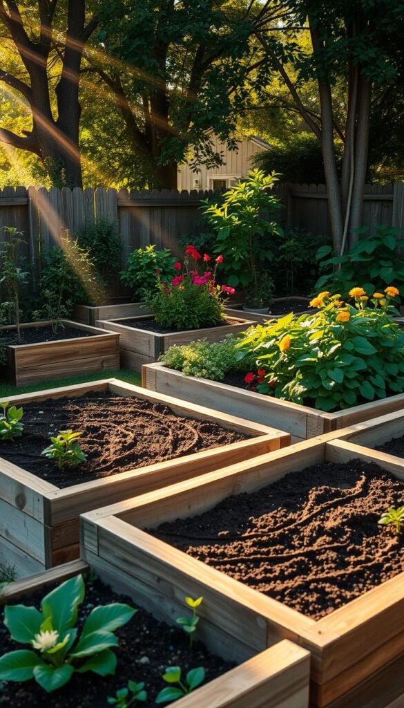 A meticulously detailed and well-lit raised garden bed, showcasing the lush greenery and vibrant flowers that thrive within. The beds are constructed with sturdy, weathered wooden frames, blending seamlessly into a serene, sun-dappled backyard landscape. The soil is rich and dark, teeming with life and nutrients, as verdant foliage cascades over the edges, creating a naturalistic, inviting scene. Rays of warm, golden light filter through the surrounding trees, casting a cozy, inviting glow over the entire composition. The overall atmosphere conveys the tranquility and abundance that a thoughtfully designed raised garden bed can bring to a backyard oasis.