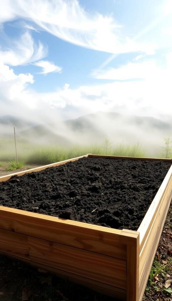 A meticulously detailed raised garden bed against a soft, natural backdrop. The bed's dimensions are precisely 4 feet wide by 8 feet long, with neatly stacked cedar planks. The soil within is rich and dark, ready to nurture an abundance of vegetables. Sunlight filters through wispy clouds, casting gentle shadows that highlight the bed's sturdy construction. The scene exudes a sense of order and productivity, inviting the viewer to envision a thriving, high-yield vegetable garden.