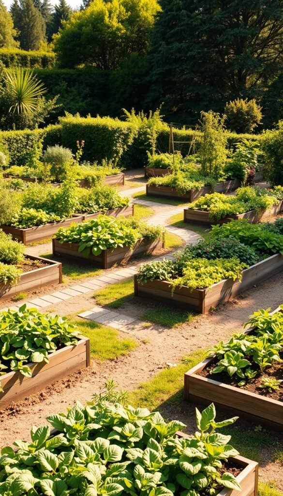 A meticulously planned garden layout, captured with a wide-angle lens to showcase the harmonious arrangement of raised garden beds, neatly divided by winding pathways. Warm, natural lighting filters through the lush foliage, casting gentle shadows and highlighting the vibrant colors of the thriving plants. In the foreground, a series of well-designed, rectangular raised beds, each filled with a variety of flourishing vegetables and herbs. The middle ground features a meandering path, guiding the viewer through the intentionally curated garden. In the background, a lush, verdant backdrop of trees and shrubs, creating a sense of depth and enclosure, while maintaining an airy, open feel.
