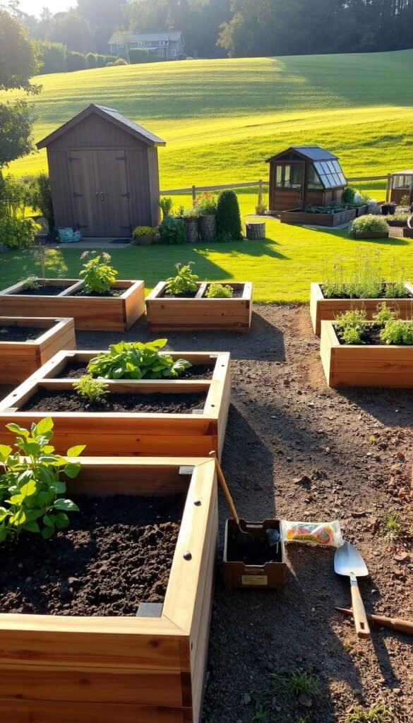 A meticulously planned raised garden space, bathed in warm, natural light. In the foreground, a carefully measured layout of wooden garden beds, their frames freshly sanded and stained. Lush greenery cascades from the raised planters, hinting at the bountiful harvest to come. The middle ground showcases a selection of tools and materials - trowels, soil, seedlings - neatly organized, ready for the gardener's touch. In the background, a tranquil scene unfolds, with a picturesque shed or greenhouse casting a welcoming shadow, and the gentle slope of a verdant lawn leading the eye towards the horizon. The overall atmosphere exudes a sense of order, purpose, and the promise of a thriving, productive garden. A meticulously planned raised garden space, bathed in warm, natural light. In the foreground, a carefully measured layout of wooden garden beds, their frames freshly sanded and stained. Lush greenery cascades from the raised planters, hinting at the bountiful harvest to come. The middle ground showcases a selection of tools and materials - trowels, soil, seedlings - neatly organized, ready for the gardener's touch. In the background, a tranquil scene unfolds, with a picturesque shed or greenhouse casting a welcoming shadow, and the gentle slope of a verdant lawn leading the eye towards the horizon. The overall atmosphere exudes a sense of order, purpose, and the promise of a thriving, productive garden.