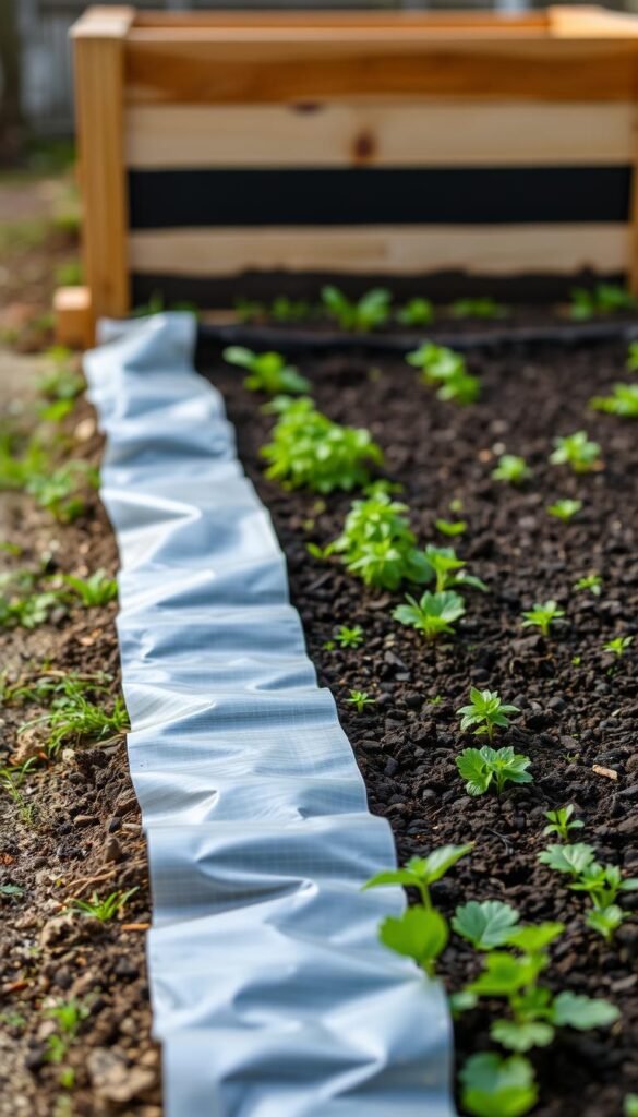 A meticulously prepared garden bed with a neatly installed weed barrier, showcasing a well-considered layered setup. The foreground depicts the weed barrier material, its edges carefully tucked into the soil, creating a seamless and effective barrier against unwanted growth. The middle ground features lush, dark soil, ready to receive the upcoming layers for optimal plant nurturing. In the background, the raised garden bed's sturdy wooden frame stands, setting the scene for a thriving, productive growing environment. The overall lighting is soft and natural, capturing the tranquil ambiance of a well-designed, thoughtfully prepared gardening space.