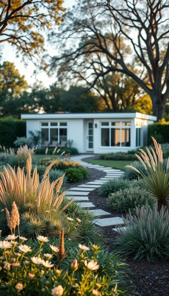 A modern cottage garden design with a sleek, minimalist aesthetic. A lush perennial border in the foreground, featuring a mix of low-growing shrubs, flowering plants, and ornamental grasses in a harmonious palette of soft pastels and muted greens. In the middle ground, a winding stone path leads the eye towards a cozy, white-washed cottage with clean lines and large windows that flood the interior with natural light. The background showcases a backdrop of mature trees, their branches gently swaying in a warm, golden-hour breeze. The scene is illuminated by soft, diffused lighting that casts long shadows and creates a sense of tranquility and timeless elegance.