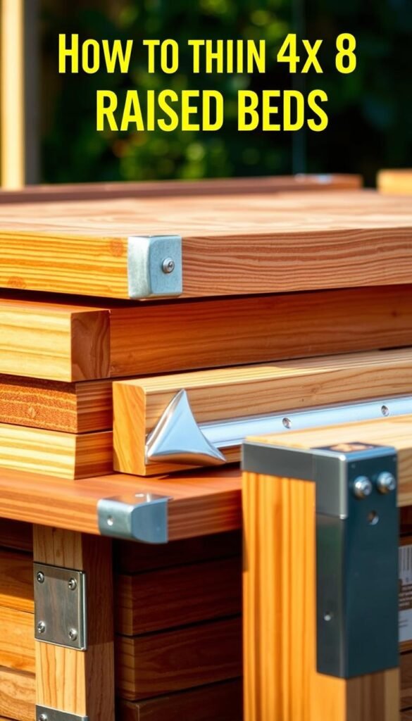 A neatly arranged assortment of raised bed construction materials, including natural cedar planks, smooth galvanized steel corners, and sturdy wooden posts, all illuminated by warm, natural lighting. The planks are stacked in an orderly fashion, their rich, reddish-brown hues complementing the silvery metal accents. The background is slightly blurred, emphasizing the focus on the high-quality, durable components needed to build a long-lasting, elevated garden bed. The overall scene conveys a sense of rustic elegance and attention to detail, perfect for a informative article on creating an efficient 4x8 raised bed layout.