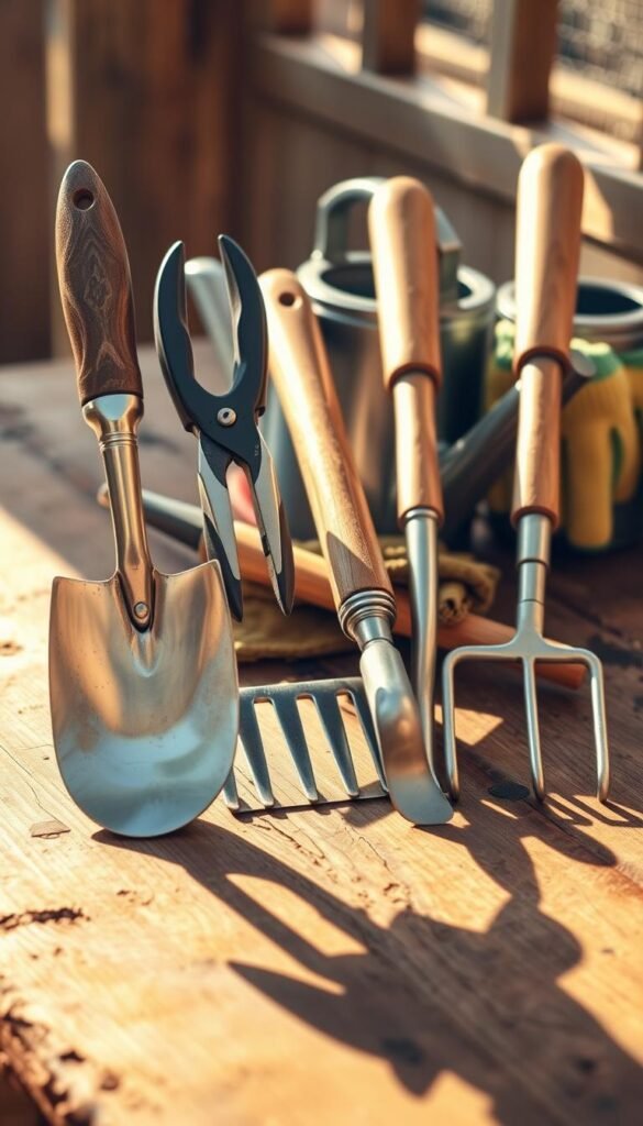 A neatly arranged collection of essential garden tools resting on a rustic wooden surface, bathed in warm, natural lighting. In the foreground, a sturdy trowel, pruning shears, and a hand cultivator stand upright, their metal surfaces gleaming. In the middle ground, a garden fork and a hand rake lie diagonally, their wooden handles complementing the earthy tones. In the background, a watering can and a pair of gardening gloves are placed, completing the scene of the essential tools needed for a successful DIY raised garden bed project.