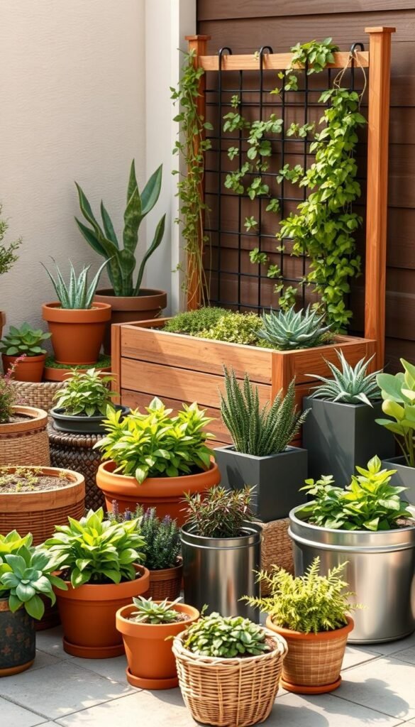 A neatly arranged composition showcasing an assortment of compact planters, raised garden beds, and vertical growing solutions for a mini backyard oasis. The foreground features an array of terracotta pots, woven baskets, and sleek metal containers brimming with lush greenery. In the middle ground, a modular raised planter box with a trellis for climbing vines. In the background, a freestanding vertical garden unit with cascading succulents and herbs. Warm, natural lighting illuminates the scene, creating a serene, inviting atmosphere. The image captures the versatility and space-saving potential of container gardening solutions for the urban dweller or those with limited outdoor space. A neatly arranged composition showcasing an assortment of compact planters, raised garden beds, and vertical growing solutions for a mini backyard oasis. The foreground features an array of terracotta pots, woven baskets, and sleek metal containers brimming with lush greenery. In the middle ground, a modular raised planter box with a trellis for climbing vines. In the background, a freestanding vertical garden unit with cascading succulents and herbs. Warm, natural lighting illuminates the scene, creating a serene, inviting atmosphere. The image captures the versatility and space-saving potential of container gardening solutions for the urban dweller or those with limited outdoor space.