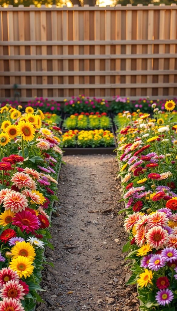 A neatly arranged cut flower garden layout, featuring a central path flanked by vibrant beds of blooms. The foreground showcases a variety of lush, colorful flowers such as dahlias, zinnias, and sunflowers, artfully arranged in a visually pleasing composition. The middle ground reveals orderly rows of additional flowering plants, interspersed with verdant foliage. In the background, a wooden fence or trellis provides a natural backdrop, bathed in warm, golden lighting that casts a soft, inviting glow over the entire scene. The overall atmosphere is one of tranquility, beauty, and carefully curated design, perfectly capturing the essence of a small, thriving cut flower garden.
