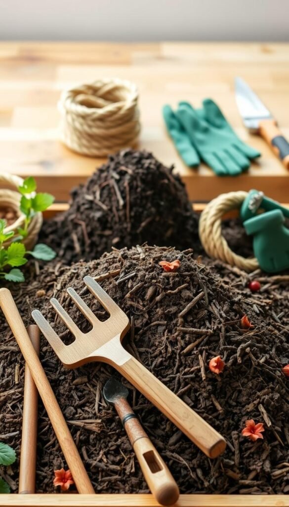 A neatly arranged display of essential gardening tools and materials for building a raised bed. In the foreground, a wooden rake, trowel, and hand fork sit atop a pile of organic compost. In the middle ground, a mound of nutrient-rich soil and a coil of sturdy rope stand ready for use. In the background, a pair of gardening gloves and a small pruning saw rest on a workbench, illuminated by soft, natural lighting. The overall scene conveys a sense of organized preparation, inviting the viewer to embark on their raised bed gardening journey.