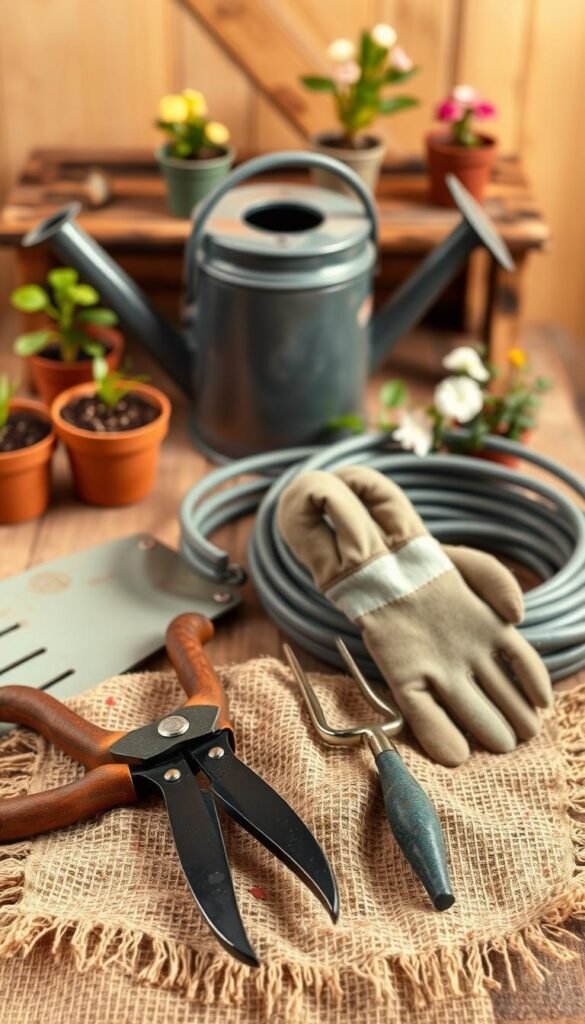 A neatly arranged display of essential gardening tools set against a warm, natural backdrop. In the foreground, a pair of sturdy pruning shears, a hand trowel, and a small garden fork rest on a burlap cloth. In the middle ground, a watering can and a pair of gardening gloves sit alongside a coil of garden hose. The background features a rustic wooden table or potting bench, with a few small potted plants and flowers adding a touch of lush greenery. Soft, diffused lighting creates a gentle, inviting atmosphere, highlighting the practical yet elegant nature of these indispensable gardening implements.