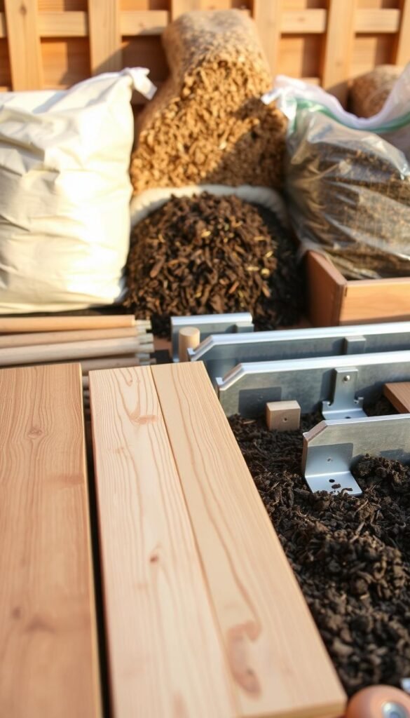 A neatly arranged display of materials for constructing a raised garden bed, captured in a soft, natural lighting. In the foreground, a selection of high-quality cedar planks, meticulously sanded and ready for assembly. In the middle ground, galvanized steel corners and brackets, gleaming under the warm glow. The background features a variety of soil amendments, such as compost and peat moss, ready to enrich the planting beds. The overall composition conveys a sense of thoughtful planning and attention to detail, perfectly suited for the "Choosing the Perfect Materials for Your Raised Bed Kit" section of the article.
