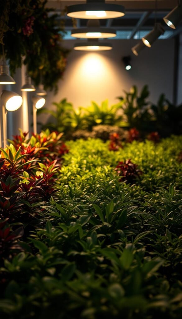 A neatly arranged garden filled with lush vegetation, bathed in a warm, ambient glow. In the foreground, various intelligent lighting fixtures are seamlessly integrated, emitting a soft, diffused light that accentuates the vibrant colors of the plants. The middle ground showcases a combination of strategically placed spotlights and flood lights, creating a harmonious interplay of illumination and shadows, highlighting the intricate textures and forms of the foliage. In the background, a state-of-the-art lighting control system is subtly visible, with sleek, minimalist interfaces and intuitive controls, enabling precise regulation of the lighting conditions to optimize plant growth and create a visually captivating environment.