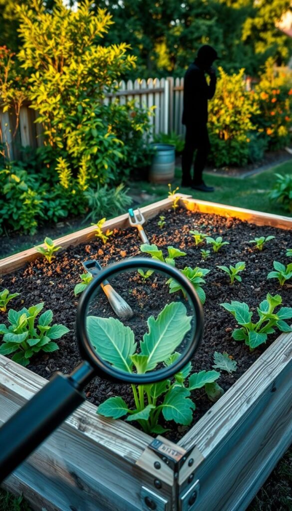 A neatly arranged raised garden bed in a lush backyard, capturing the pros and cons of this gardening solution. The bed is made of weathered wood, with well-tended soil and thriving plants. In the foreground, a magnifying glass examines the healthy foliage, highlighting the benefits of improved soil quality and drainage. In the middle ground, a pair of gardening tools suggest the ease of maintenance, while in the background, a shadowy silhouette of a person contemplates the limitations of space and accessibility. The scene is bathed in warm, golden light, creating a sense of tranquility and thoughtful consideration.