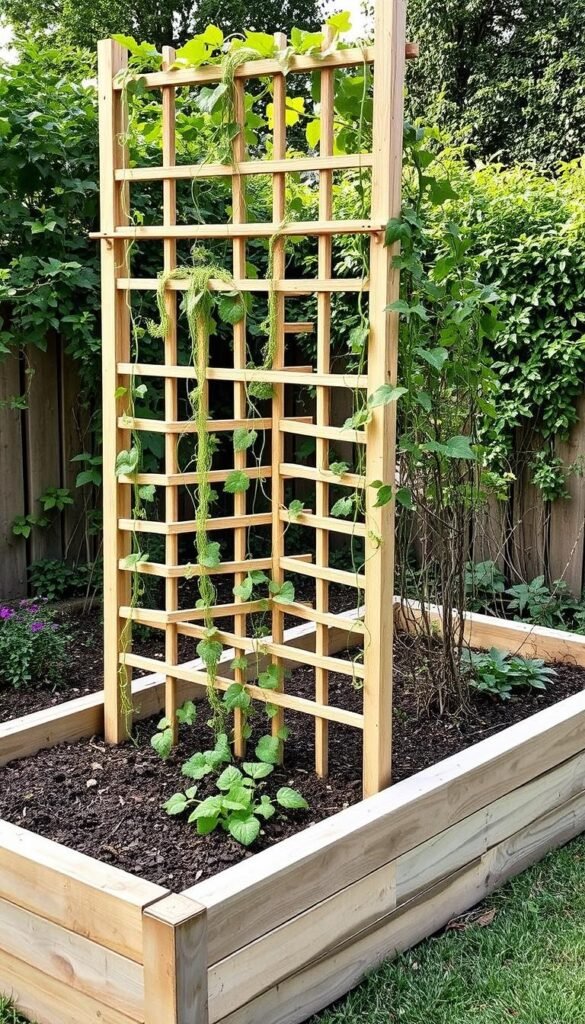 A neatly arranged raised garden bed, its edges lined with sturdy wooden slats. In the center, a trellis structure stands tall, its latticed frame adorned with delicate climbing vines, their tendrils gently curling and intertwining as they ascend. Soft, diffused natural lighting bathes the scene, casting subtle shadows that accentuate the lush foliage. The camera angle is slightly elevated, providing a comprehensive view of the harmonious interplay between the structured trellis and the graceful, organic growth of the plants. An atmosphere of tranquility and thoughtful cultivation pervades the image, inviting the viewer to imagine the care and attention required to train these climbing plants to thrive.
