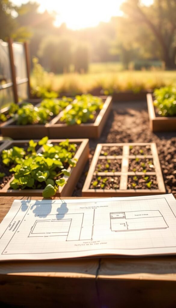A neatly arranged raised garden bed layout plan, meticulously sketched on graph paper. The foreground features a detailed blueprint showcasing the precise dimensions, planting sections, and pathways of the raised bed. The middle ground depicts lush, verdant plants thriving within the raised beds, while the background softly fades into a serene, sunlit outdoor setting. The image is captured with a crisp, clear lens, illuminated by warm, natural lighting that casts gentle shadows, conveying a sense of tranquility and thoughtful planning. The overall mood is one of organized productivity, inviting the viewer to envision their own DIY raised garden bed project.