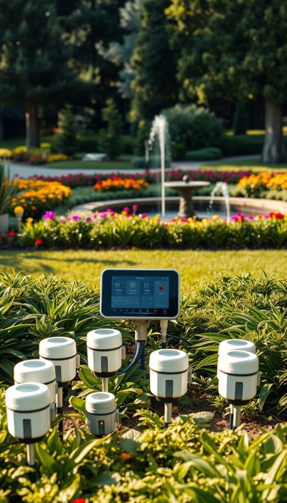 A neatly arranged setup of smart irrigation sensors in a meticulously maintained garden. In the foreground, a series of sleek, high-tech soil moisture sensors are strategically placed among the lush foliage, their modern design blending seamlessly with the natural surroundings. The middle ground showcases a central control unit, its intuitive interface displaying real-time data and allowing for precise irrigation scheduling. In the background, a verdant landscape of vibrant flowers, towering trees, and a picturesque water feature create a serene and harmonious environment. Warm, natural lighting bathes the scene, highlighting the integration of cutting-edge technology and the beauty of the garden design.