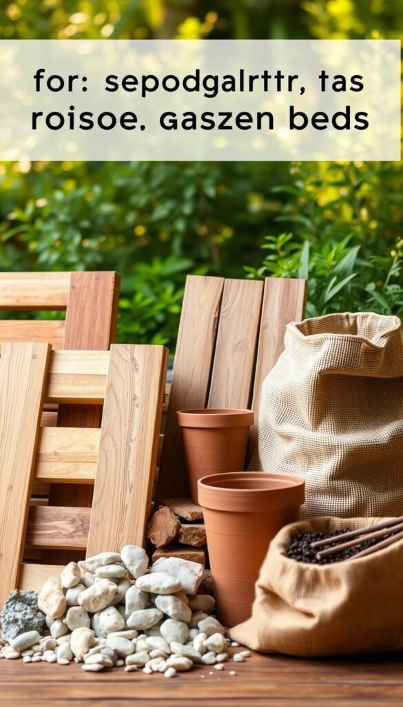 A neatly arranged still life showcasing a variety of safe, natural materials for raised garden beds. In the foreground, a wooden pallet, smooth river rocks, and a bundle of untreated pine lumber stand prominently. In the middle ground, clay pots, untreated cedar planks, and a burlap sack filled with organic soil mix are displayed. The background features lush greenery and a warm, diffused lighting, creating a serene, earthy ambiance. The overall composition emphasizes the versatility and sustainability of these materials for a DIY raised garden bed project.