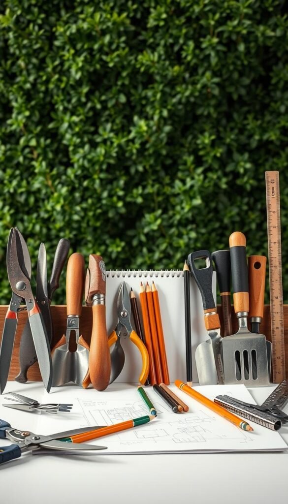 A neatly arranged still life showcasing an array of essential garden design tools. In the foreground, various implements such as pruning shears, trowels, and hand cultivators are displayed against a soft, diffused light. The middle ground features a sketchpad, pencils, and a ruler, hinting at the creative process of planning and visualizing garden layouts. In the background, a lush, verdant backdrop evokes the natural setting these tools are meant to shape and nurture. The overall composition conveys a sense of order, precision, and the harmonious integration of human craft and natural elements.