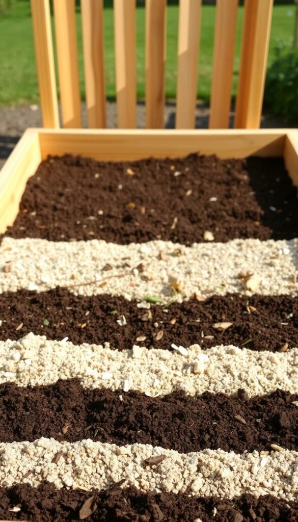 A neatly layered raised garden bed, showcasing a budget-friendly soil mix. In the foreground, a mix of compost, peat moss, and vermiculite is carefully arranged in alternating bands. The middle ground features a sprinkling of organic matter, such as shredded leaves and grass clippings, creating a nutrient-rich foundation. In the background, the wooden frame of the raised bed stands sturdy, casting a warm, natural glow under soft, diffused lighting. The overall composition conveys a sense of purposeful organization and sustainability, inviting the viewer to envision a thriving, low-cost garden.