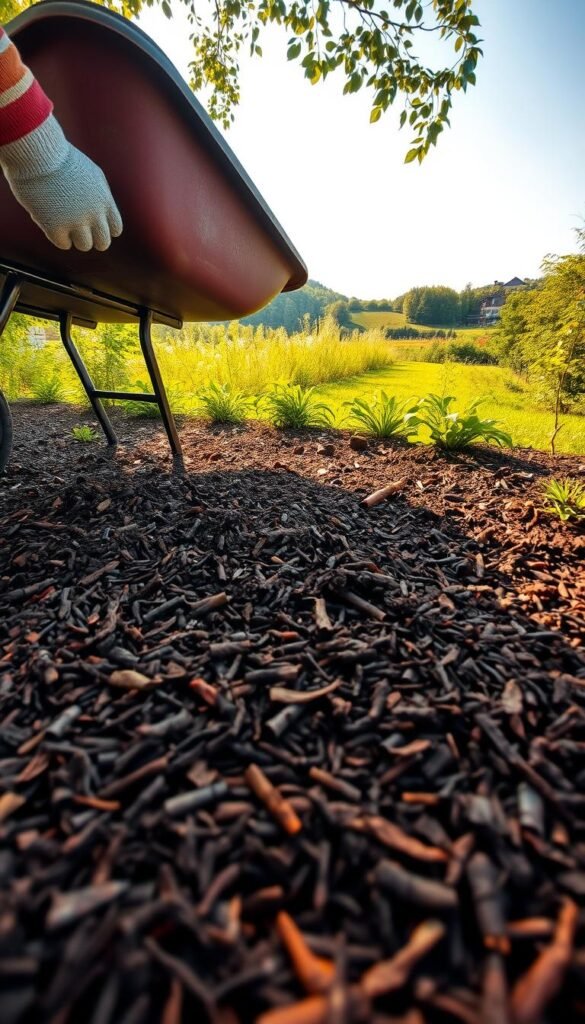 A neatly manicured garden bed, the soil blanketed in a thick layer of rich, dark mulch. In the foreground, a gardener's gloved hands carefully spread a wheelbarrow of fragrant wood chips, creating a uniform, protective layer. The middle ground showcases various mulching techniques - shredded leaves, pine needles, and composted bark all artfully arranged. In the background, a lush, verdant backdrop of thriving plants and a serene, sun-dappled landscape. Warm, golden lighting casts a natural glow, highlighting the textures and colors of the mulch. A wide-angle lens captures the scene, showcasing the essential role of mulching in maintaining a low-maintenance, healthy garden.
