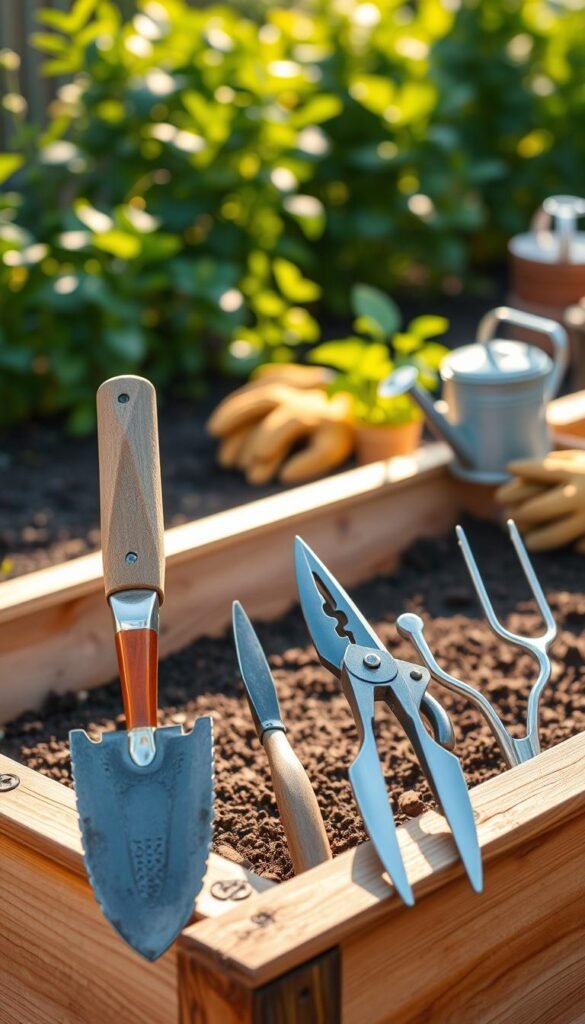 A neatly organized raised garden bed, its wooden frame gleaming in the soft, natural light. In the foreground, an array of essential gardening tools - a sturdy trowel, a sharp pair of pruning shears, a hand cultivator, and a small hand fork. The tools are arranged with care, their metal surfaces reflecting the warm glow. In the middle ground, a small watering can and a pair of gardening gloves sit nearby, ready for use. The background features lush, verdant plants, hinting at the thriving garden to come. The overall atmosphere is one of tranquility and anticipation, capturing the essence of a budding DIY raised garden bed project. A neatly organized raised garden bed, its wooden frame gleaming in the soft, natural light. In the foreground, an array of essential gardening tools - a sturdy trowel, a sharp pair of pruning shears, a hand cultivator, and a small hand fork. The tools are arranged with care, their metal surfaces reflecting the warm glow. In the middle ground, a small watering can and a pair of gardening gloves sit nearby, ready for use. The background features lush, verdant plants, hinting at the thriving garden to come. The overall atmosphere is one of tranquility and anticipation, capturing the essence of a budding DIY raised garden bed project.