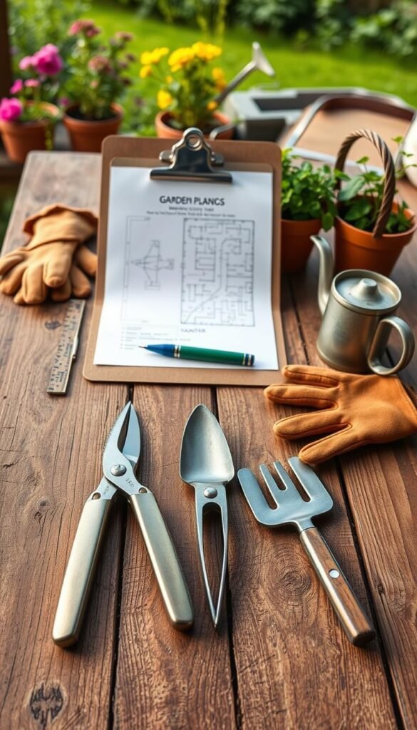 A neatly organized set of garden planning tools arranged on a weathered wooden table. In the foreground, a pair of secateurs, a trowel, and a small hand cultivator gleam in the warm, soft lighting. In the middle ground, a clipboard with graph paper, a pen, and a ruler stand ready for sketching garden layouts. In the background, a pair of gardening gloves and a small watering can sit alongside potted plants, hinting at the verdant landscape beyond. The scene conveys a sense of focused preparation and contemplation, ideal for planning a beautiful cottage garden.