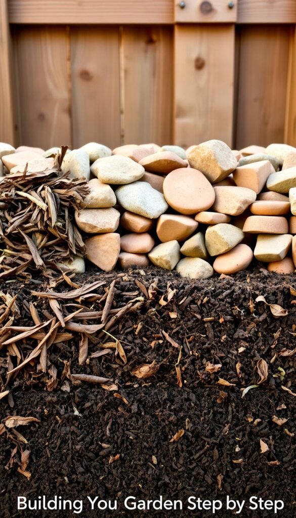 A neatly stacked arrangement of earthy materials used to construct a raised garden bed. In the foreground, layers of dense compost, shredded bark, and dried leaves create a rich, nutrient-dense foundation. In the middle ground, smooth river rocks and broken terracotta pieces form a drainage layer, allowing excess water to flow freely. The background showcases a wooden frame, its weathered boards providing sturdy support for the layered materials. Warm, diffused lighting casts a natural glow, highlighting the textures and colors of the organic elements. The overall composition conveys a sense of careful planning and attention to detail, perfectly suited for the "Layering Hacks: Building Your Garden Bed Step by Step" section.