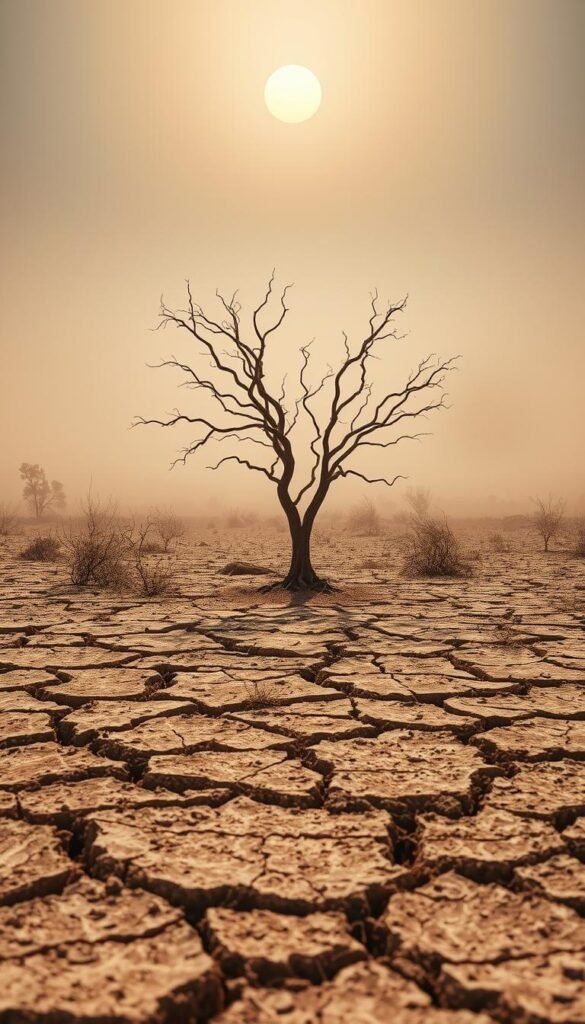 A parched, cracked earth stretches out under a scorching sun, with gnarled, withered vegetation struggling to survive. In the middle ground, a lone, dried-up tree stands as a silent witness to the harsh conditions. The background is hazy, with a dusty, muted palette that conveys the sense of a relentless, unforgiving climate. The lighting is harsh, creating deep shadows and highlighting the stark contrast between the sun-baked ground and the struggling flora. The overall scene evokes a sense of environmental stress and the urgent need for resilient garden design strategies to adapt to drought-prone areas.