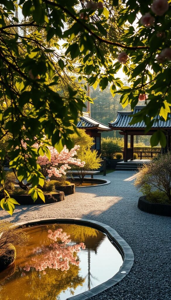 A peaceful Japanese garden with a harmonious blend of natural elements. Lush green foliage frames a tranquil koi pond, its surface reflecting the overhanging branches and delicate pink blossoms. In the background, a traditional wooden pagoda stands tall, its weathered beams casting long shadows across the meticulously raked gravel pathways. The scene is bathed in warm, golden sunlight, casting a serene and contemplative atmosphere. A subtle breeze rustles the leaves, creating a soothing symphony of natural sounds. The overall composition evokes a sense of balance, simplicity, and a deep connection to the natural world, capturing the essence of authentic Japanese garden design.