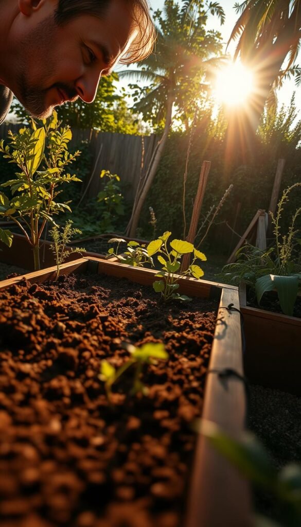 A person standing in a raised garden bed, closely inspecting the soil and sunlight, with lush greenery and plants in the background. The scene is bathed in warm, golden sunlight, casting long shadows and highlighting the textures of the garden. The person's expression is one of focused contemplation, as they carefully assess the sun's position and intensity to plan the optimal layout and planting for their raised bed. The camera angle is low, capturing the scene from an immersive, eye-level perspective, emphasizing the sense of hands-on engagement with the gardening process. A person standing in a raised garden bed, closely inspecting the soil and sunlight, with lush greenery and plants in the background. The scene is bathed in warm, golden sunlight, casting long shadows and highlighting the textures of the garden. The person's expression is one of focused contemplation, as they carefully assess the sun's position and intensity to plan the optimal layout and planting for their raised bed. The camera angle is low, capturing the scene from an immersive, eye-level perspective, emphasizing the sense of hands-on engagement with the gardening process.