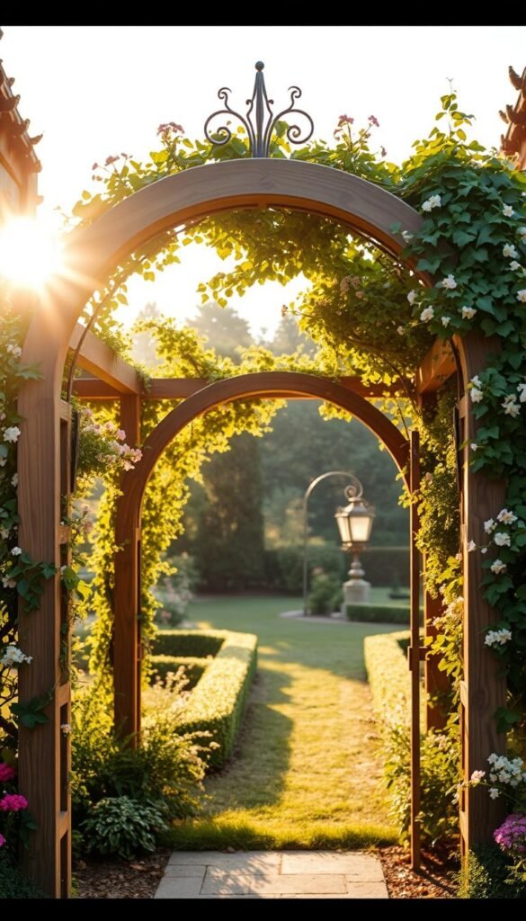 A picturesque custom garden arch, its elegant curves adorned with a lush tapestry of climbing vines and delicate flowers. The structure stands tall and inviting, framing a serene vista of a well-manicured garden. Warm, diffused sunlight filters through the foliage, casting a soft, romantic glow. The arch's sturdy, natural-looking wooden beams are complemented by intricate metalwork detailing, creating a harmonious blend of rustic and refined elements. This captivating focal point draws the eye, inviting the viewer to step through and explore the enchanting garden beyond.