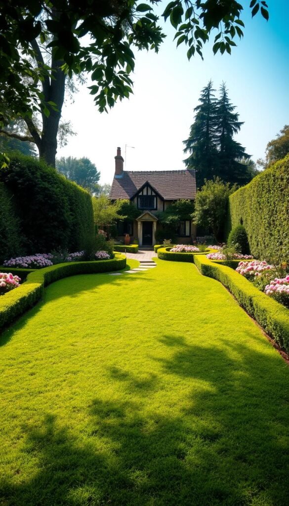 A picturesque garden space assessment, bathed in soft, natural light. In the foreground, a meticulously manicured lawn stretches out, inviting exploration. Surrounded by lush, verdant borders of blooming flowers and neatly trimmed hedges, creating a sense of enclosure and privacy. The middle ground features a quaint stone path, winding through the garden, leading the eye deeper into the scene. In the background, a charming English cottage stands, its weathered facade framed by towering trees and a hazy blue sky above. The overall atmosphere is one of tranquility, inviting the viewer to imagine themselves strolling through this enchanting outdoor space.