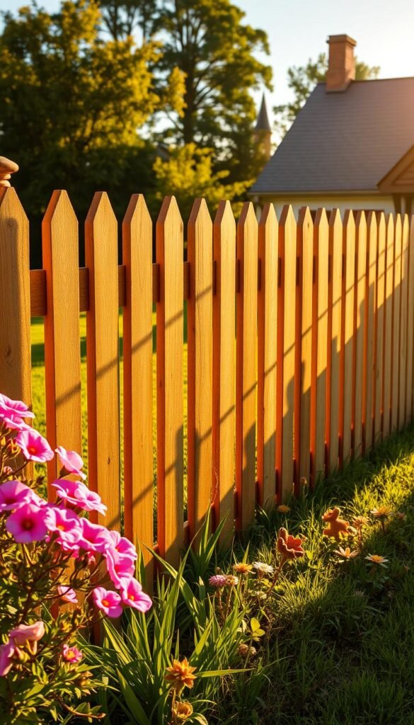 A picturesque picket fence stretching across a lush, verdant garden, bathed in warm, golden afternoon sunlight. The slender wooden pickets stand tall, creating a charming and classic silhouette. Intricate patterns of shadows dance across the fence, adding depth and texture. In the foreground, colorful blooming flowers spill over the fence, creating a lovely contrast. The middle ground features a well-maintained grassy lawn, dotted with whimsical garden ornaments. In the distance, a quaint cottage with a welcoming porch comes into view, completing the idyllic, quintessential cottage garden scene.
