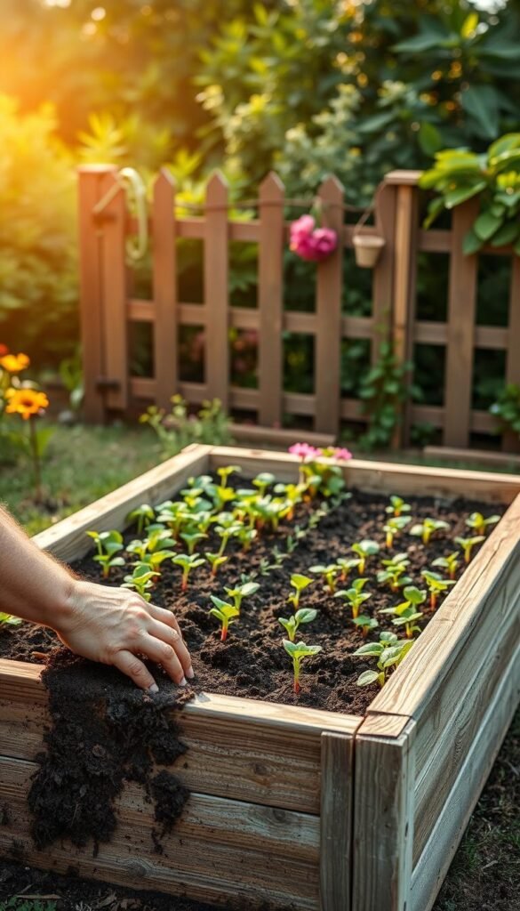 A picturesque raised flower bed nestled in a lush garden setting. In the foreground, a gardener's hands carefully tilling and amending the soil, preparing the bed for planting. Mid-ground, an array of vibrant seedlings and young plants await their new home. The background features a charming country-style fence, lush greenery, and a warm, soft-focus natural light casting a golden glow. The overall scene conveys a sense of peaceful productivity and the joy of starting a new garden.