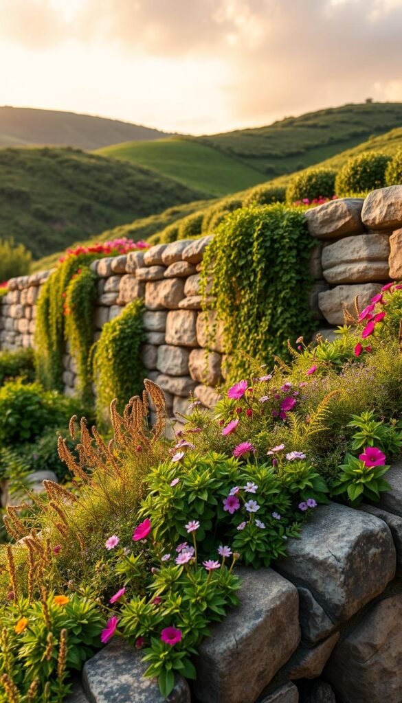 A picturesque retaining wall design with lush, cascading plants adorning its surfaces. The wall, constructed from weathered stone, rises gracefully against a backdrop of verdant hills and a warm, golden sky. In the foreground, a mix of vibrant flowering plants, such as trailing vines, delicate wildflowers, and verdant ferns, spill over the wall's edges, creating a harmonious blend of textures and colors. The lighting is soft and diffused, casting a gentle glow across the scene, evoking a serene and inviting atmosphere. The perspective is slightly elevated, allowing the viewer to appreciate the full scale and integration of the retaining wall within the hilly, rocky terrain.