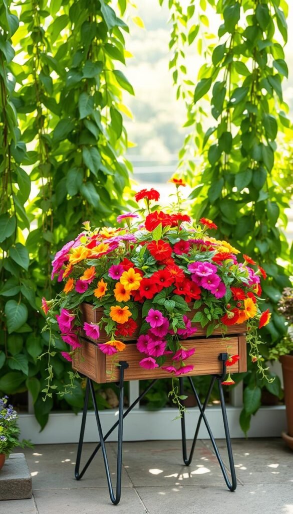 A portable, lightweight container garden with vibrant blooms and trailing vines cascading from a rustic wooden planter. Soft, diffused natural light filters through a lush, verdant foliage backdrop, casting gentle shadows. The scene has a breezy, effortless elegance, perfect for a renter's patio or balcony. The planter is elevated on a simple metal stand, making it easy to move and rearrange. Clusters of colorful annuals like petunias, marigolds, and lantana spill over the sides, creating a charming, low-maintenance display. The overall composition has a harmonious, cohesive feel, reflecting the "portable displays for renters and frequent movers" theme.