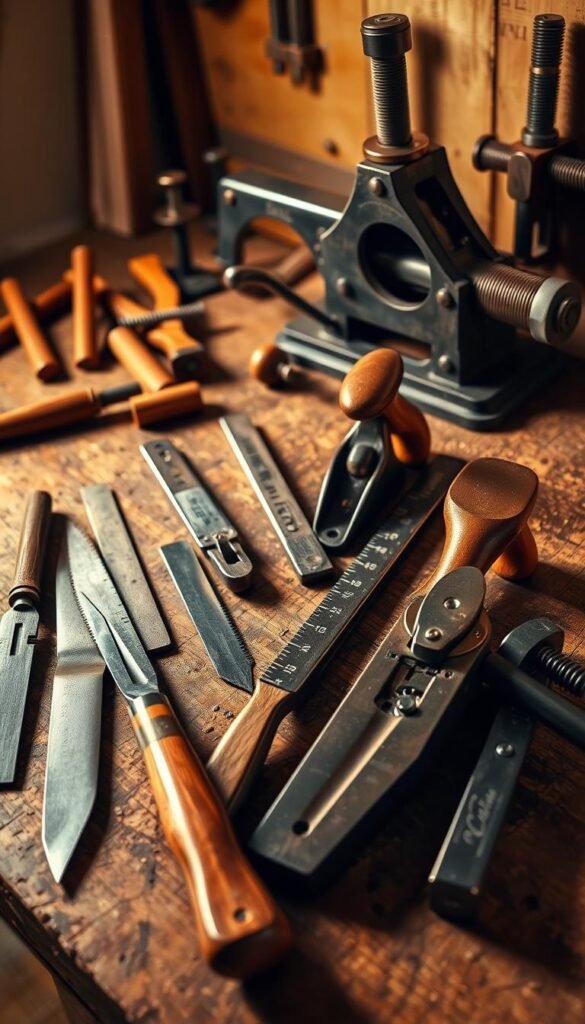 A precisely arranged still life of woodworking tools on a rustic wooden workbench. The foreground features a set of sharp chisels, hand planes, and a dovetail saw with a polished maple handle. In the middle ground, a sliding bevel, a marking gauge, and a square are meticulously positioned. The background showcases a vintage woodworking vice and a collection of clamps in various sizes. Warm, directional lighting from the side casts dramatic shadows, highlighting the textures and materials of the tools. The composition emphasizes the craftsmanship and attention to detail required for precise woodworking. A precisely arranged still life of woodworking tools on a rustic wooden workbench. The foreground features a set of sharp chisels, hand planes, and a dovetail saw with a polished maple handle. In the middle ground, a sliding bevel, a marking gauge, and a square are meticulously positioned. The background showcases a vintage woodworking vice and a collection of clamps in various sizes. Warm, directional lighting from the side casts dramatic shadows, highlighting the textures and materials of the tools. The composition emphasizes the craftsmanship and attention to detail required for precise woodworking.