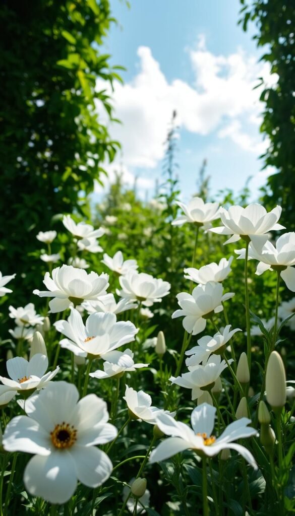 A pristine white flower garden bathed in soft, diffused sunlight. Delicate petals of anemones, peonies, and lilies sway gently in a light breeze. Lush, verdant foliage creates a soothing backdrop, framing the flowers in a timeless, serene composition. The scene is captured from a low angle, accentuating the height and grandeur of the blooms. Wisps of clouds drift overhead, casting subtle shadows that dance across the petals. An atmosphere of tranquility and understated elegance pervades the image, inviting the viewer to pause and appreciate the natural beauty of a carefully curated white flower display.