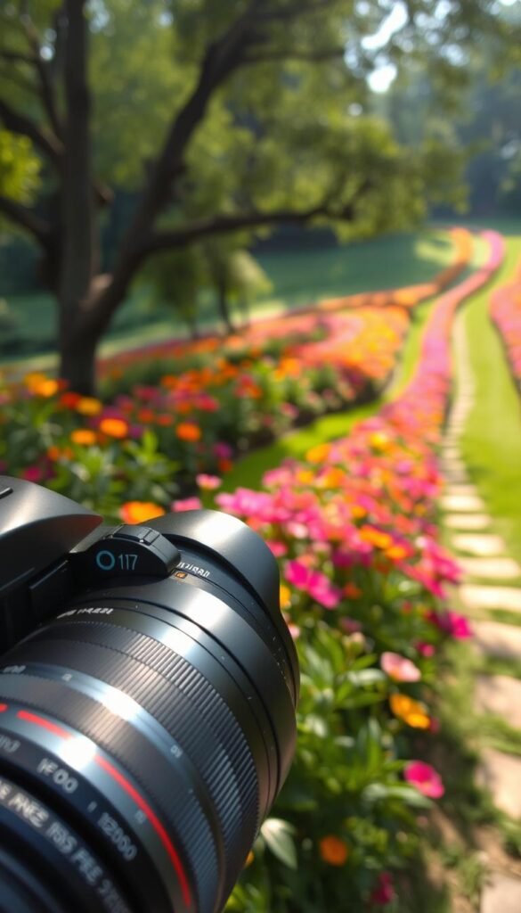 A professional camera settings for flower garden photography. In the foreground, a DSLR camera with a macro lens, its settings clearly visible - aperture at f/8, shutter speed at 1/250s, and ISO 400. The middle ground showcases vibrant, colorful blooms in the garden, bathed in soft, directional natural lighting filtering through the trees. The background features a lush, verdant landscape with a winding path leading into the distance, creating a sense of depth and tranquility. The overall mood is one of serene focus, inviting the viewer to capture the beauty of the garden through the lens.