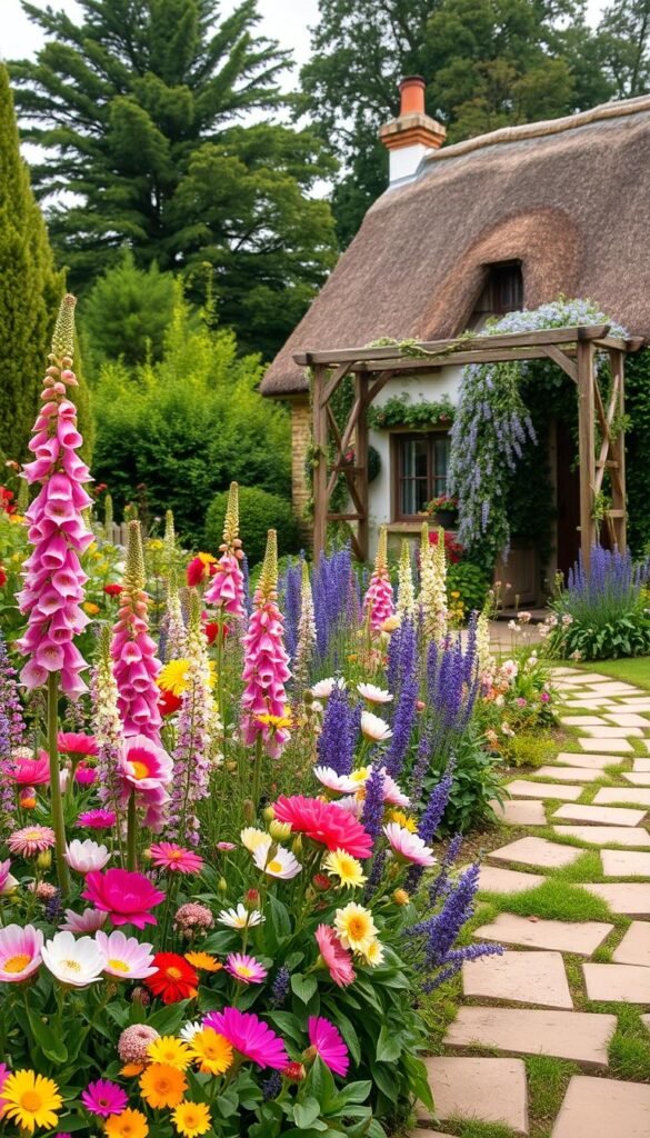 A quaint English cottage garden in full bloom, bursting with a lush, romantic array of colorful flowers. In the foreground, a well-tended bed overflows with vibrant blooms of foxgloves, peonies, and fragrant lavender, their petals illuminated by soft, diffused natural light. A flagstone path winds through the scene, leading the eye to a charming wooden arbor draped in cascading vines. Beyond, a picturesque cottage nestled among verdant trees and shrubs, its thatched roof and whitewashed walls embodying the timeless appeal of quintessential English countryside. The overall mood is one of peaceful serenity and whimsical country charm.