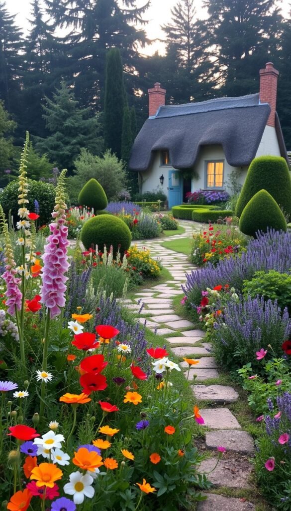A quaint English cottage garden in the soft morning light, overflowing with a lush tapestry of perennials, annuals, and fragrant herbs. In the foreground, a profusion of colorful blooms - delicate foxgloves, cheerful poppies, and cascading sweet peas. In the middle ground, a winding stone path leads the eye deeper into the scene, flanked by neatly trimmed boxwood hedges and billowing clusters of lavender. In the background, a charming thatched-roof cottage nestled among towering trees, its windows aglow with the golden glow of sunrise. The overall atmosphere is one of peaceful tranquility, inviting the viewer to step into this idyllic horticultural haven. A quaint English cottage garden in the soft morning light, overflowing with a lush tapestry of perennials, annuals, and fragrant herbs. In the foreground, a profusion of colorful blooms - delicate foxgloves, cheerful poppies, and cascading sweet peas. In the middle ground, a winding stone path leads the eye deeper into the scene, flanked by neatly trimmed boxwood hedges and billowing clusters of lavender. In the background, a charming thatched-roof cottage nestled among towering trees, its windows aglow with the golden glow of sunrise. The overall atmosphere is one of peaceful tranquility, inviting the viewer to step into this idyllic horticultural haven.