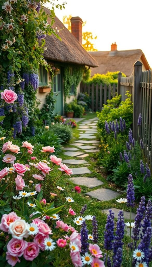 A quaint English cottage nestled amongst a lush, overgrown garden. In the foreground, a vibrant palette of blooming flowers - delicate roses, cheerful daisies, and cascading lavender. The middle ground features a meandering stone path, flanked by fragrant herbs and verdant foliage. Beyond, a rustic wooden fence frames the scene, with a glimpse of a thatched-roof cottage in the distance, bathed in the soft, warm glow of golden hour lighting. The atmosphere is one of tranquility and nostalgia, evoking the timeless charm of the English countryside.
